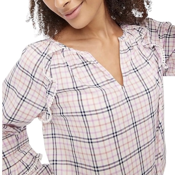 J. Crew - NWT Plaid Ruffle Trim Peasant Top Blouse Sz S - Picture 2 of 11